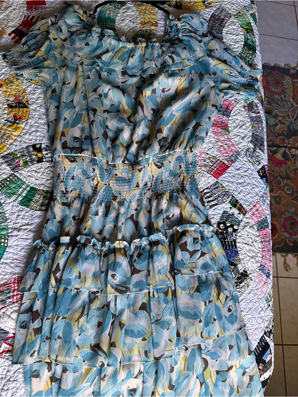 Ralph Lauren Blue Floral Tiered Smocked Waist Dress